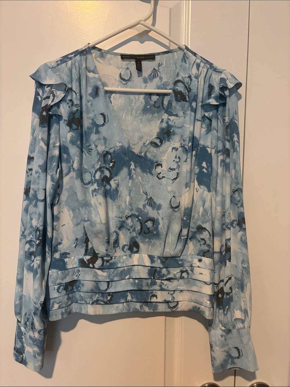 White House Black Market Blue & White Watercolor V-Neck Blouse